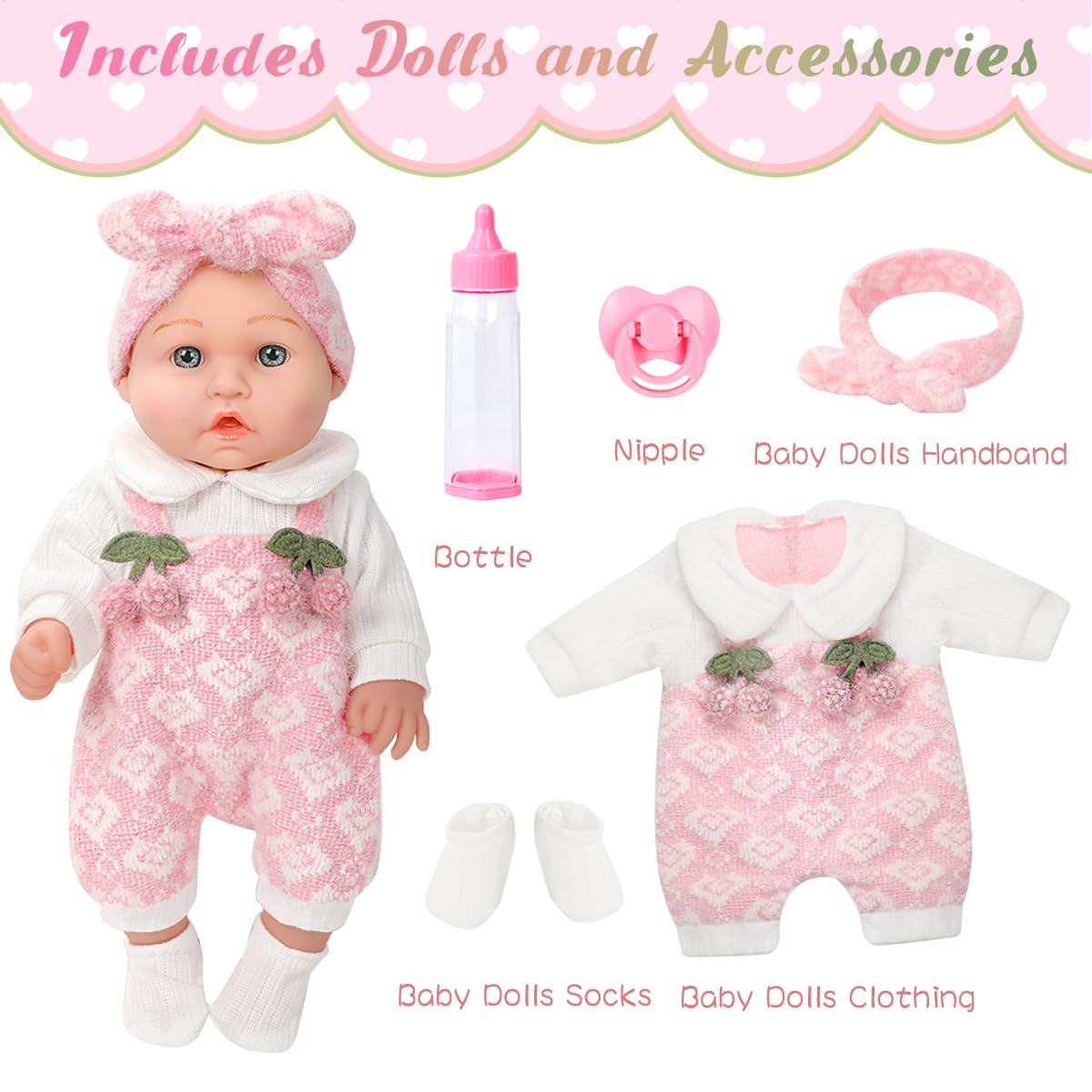 ZNTWEI 12'' Baby Doll Playset in Gift Box with Pink Cherry Pattern Clothes Accessories,Pacifier,Feeding Bottle.First Baby Dolls for Toddlers 3+ and Up
