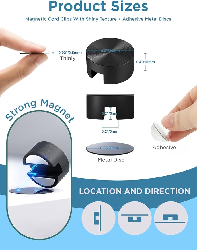 Magnetic Cord Holder Metal Black, Maveek Silicone Cable Clips Magnet Wire Management Cord Organizer for Bedside Table Office Desk Laptop Computer Charging Cables Outdoor Indoor (5 Piece)