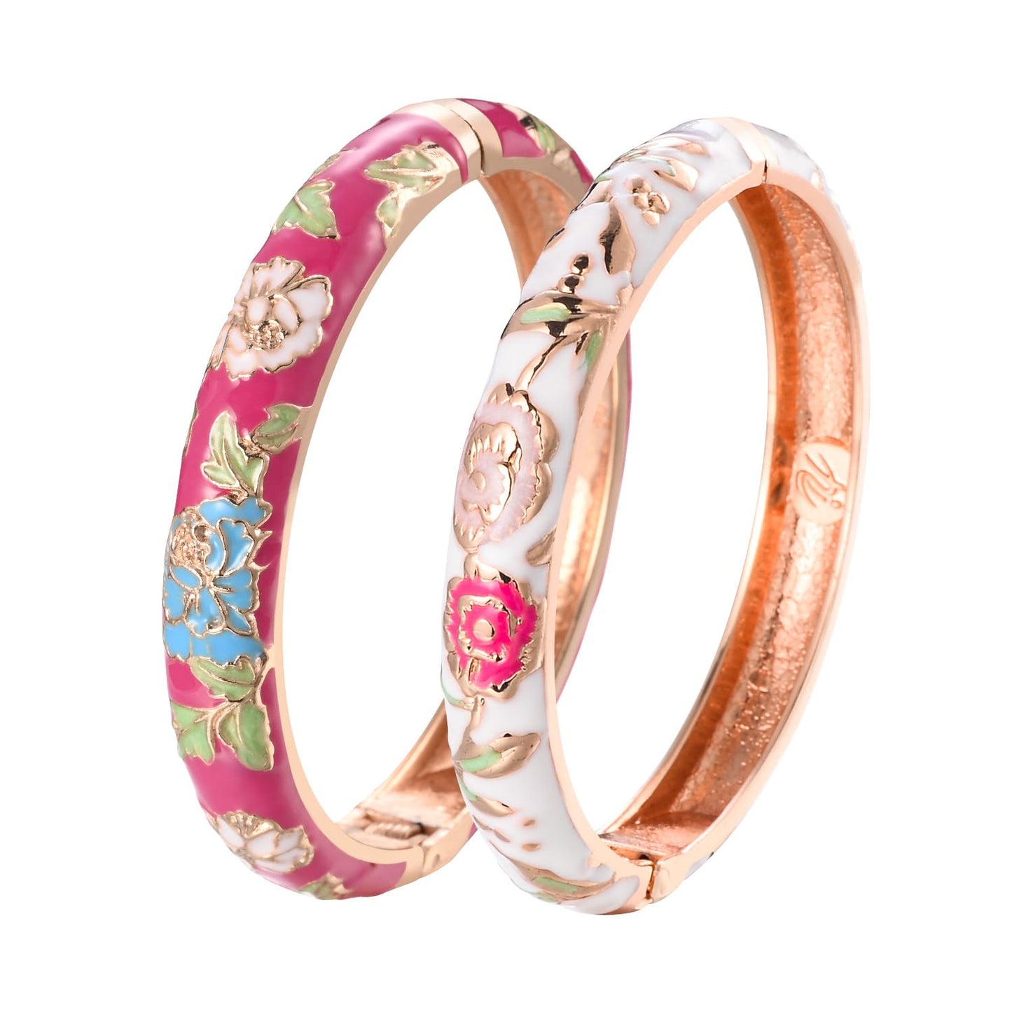UJOY Fashion Cloisonne Bracelets Set Plated Enameled Jewelry Spring Hinged Metal Cuff Bangles Gift Box Packed 55A106-55A113 White Rose
