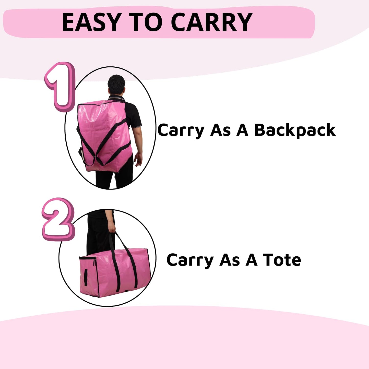 LALABAG 6-Pack Extra Large Moving Bags with Backpack Straps & Side Handles, 50 lbs Heavy Duty Storage Totes, Water-Resistant Clothes Packing Boxes Alternative (Pink)