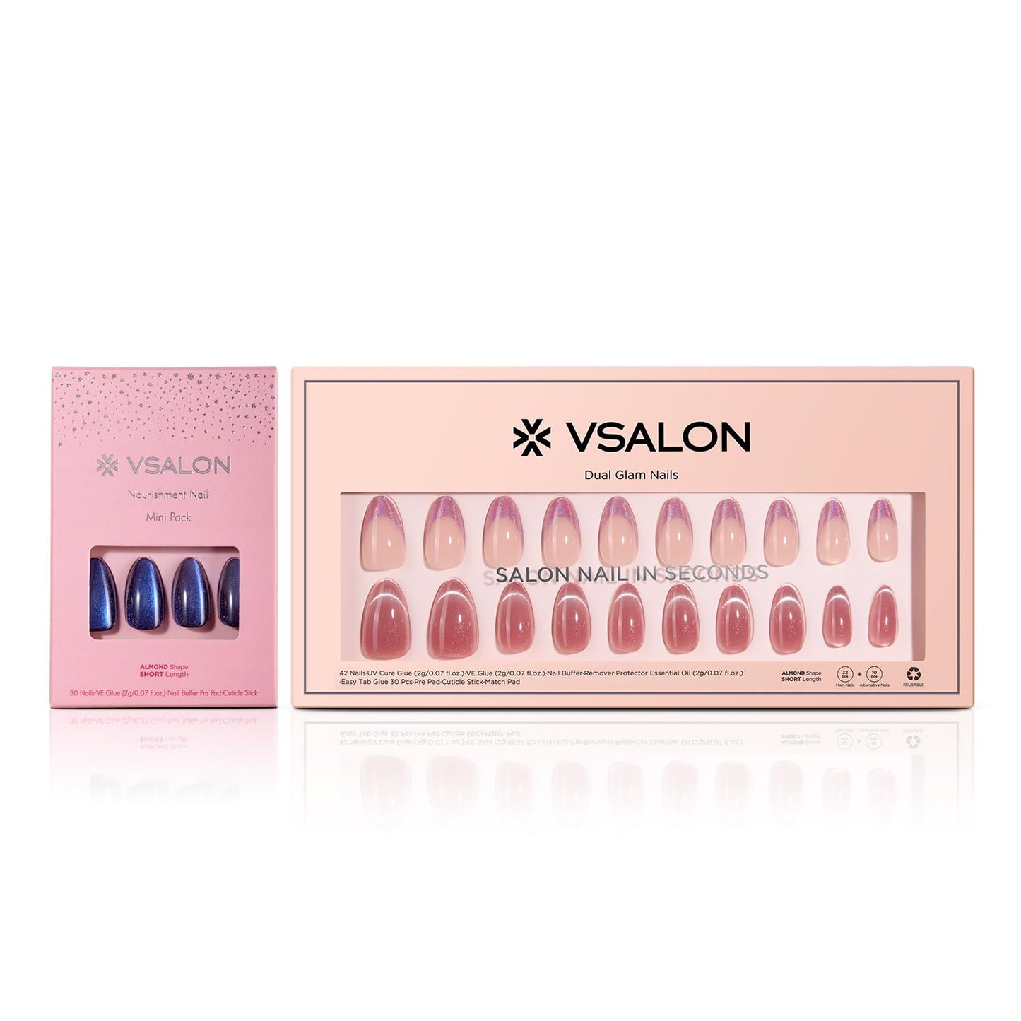 VSALON Press on Nails Short Almond, Cat Eye Nails Set, French Tip Reusable Gel Fake Nails Set, Dual Glam Nails & Mini Pack