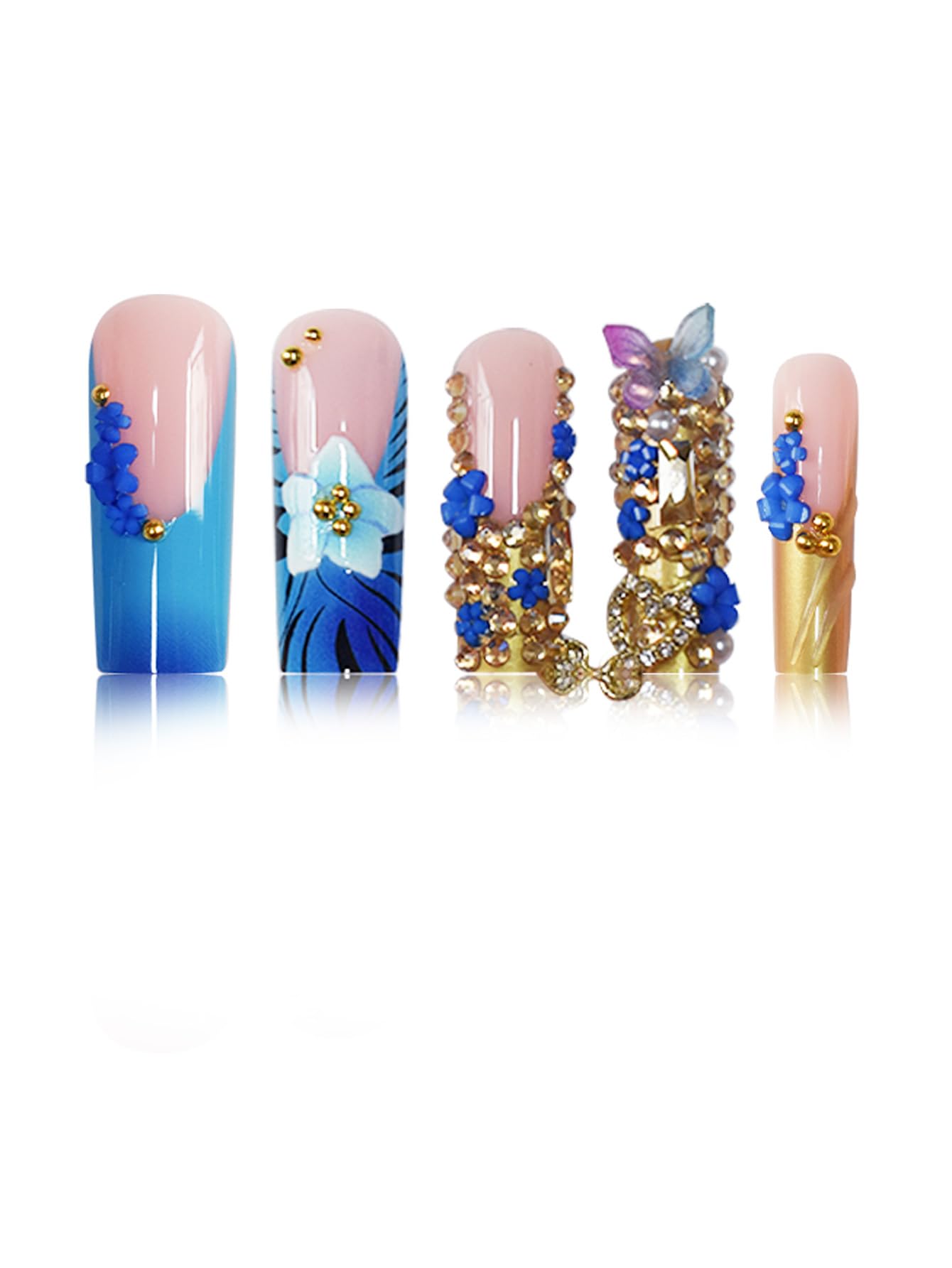 SEENEEY Press on Nails Square Long Fake Nails Blue Extra Long Nail Press Ons with Flowers Designs Artificial Stick on Nail for Women 24pcs