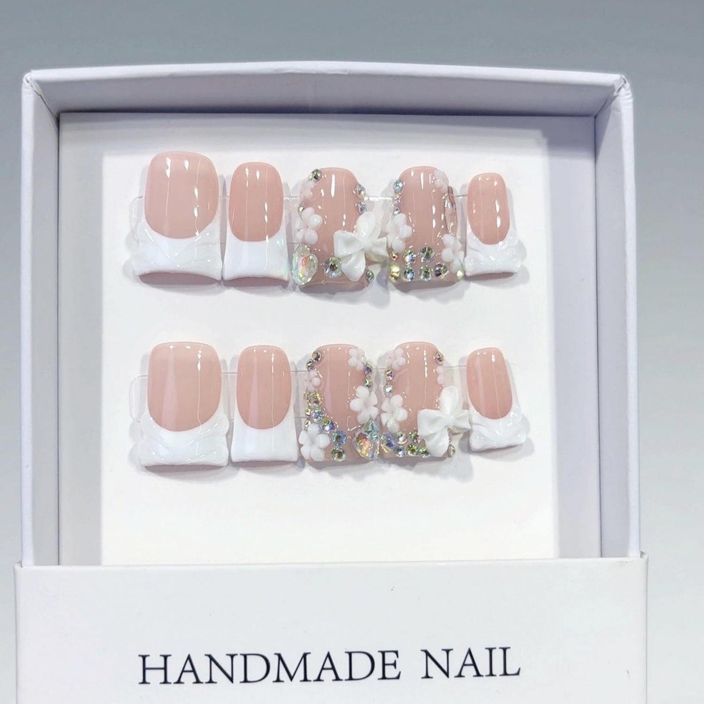 Luxury Press on Nails Short Duck Handmade 3D Bow Fake Nails White French Tip False Nails with Rhinestone Designs Flower Handmade Stick on Nail Thick Acrylic Nail for Women (M)