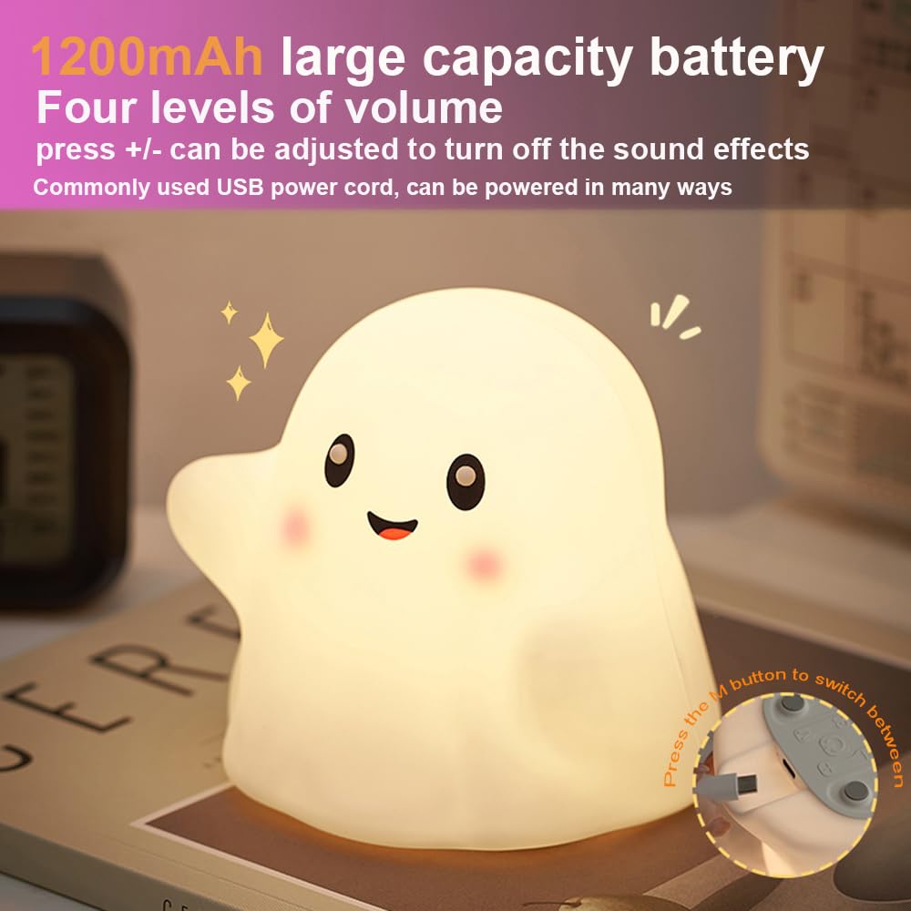 Ghost Night Light for Kids,Halloween Night Light with 13 Interactive Sound Effects ,Cute Silicone Light with 3 Levels of Brightness,Suitable for Indoor Halloween Decorations and Family (white ghost 1)
