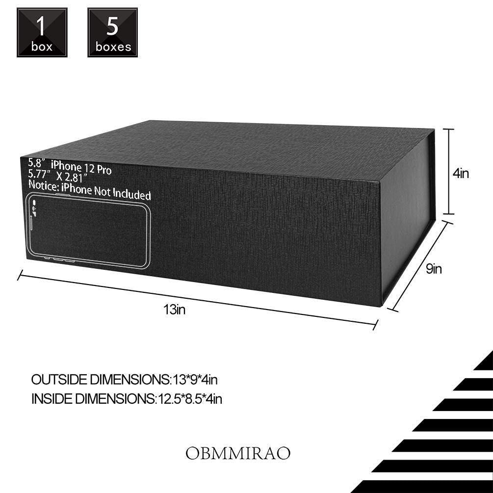 OBMMIRAO Upgrade 5PCS 13x9x4 Inch Black Hard Large Gift Box with Lid, Foldable Magnetic Gift Boxes, Groomsman Box Bridesmaid Proposal Box, Reusable Gift Boxes for Clothes