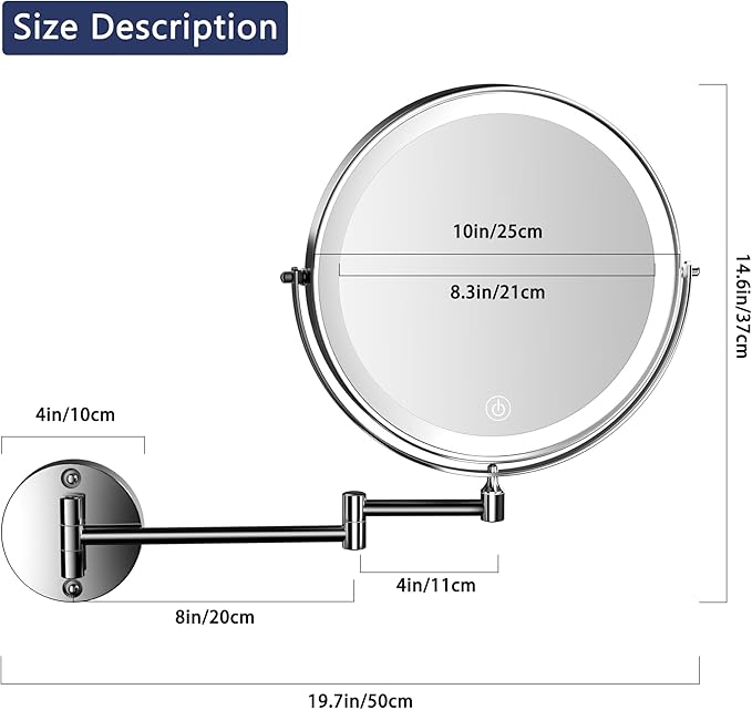 Hasipu 10-Inch Wall Mounted Makeup Mirror with Magnification, Rechargeable 3000 mAh Vanity Mirror with Lights, Bathroom Mirror with Dimmable Brightness, 3 Lighting Modes, Extendable Arm, Chrome