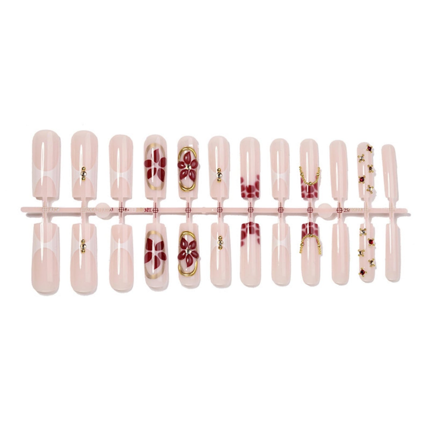 Long Press on Nails Square Fake Nails Red Artificial Nail 3D Floral and Gold Charm Designs Cute Stick on Nail for Women 24pcs