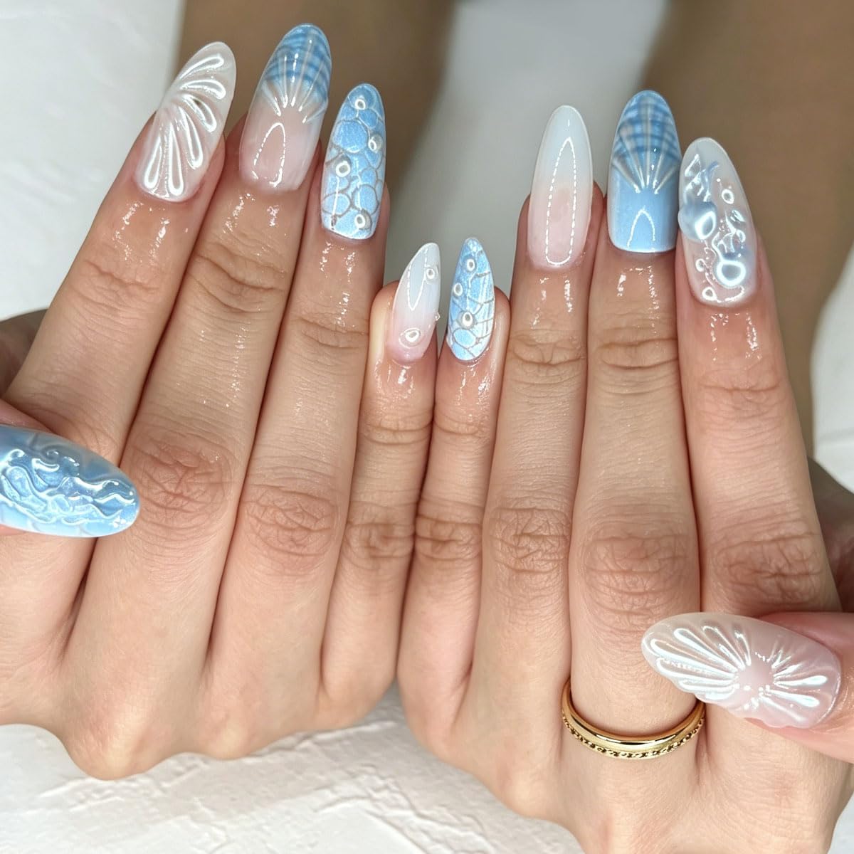 3D Press On Nails Almond Medium Light Blue Fake Nails with Embossed Fan-Shaped Pattern Pearl Embellishment Designs, Acrylic Artificial Nail Press ons False Stick On Nails for Women Girls 30Pcs