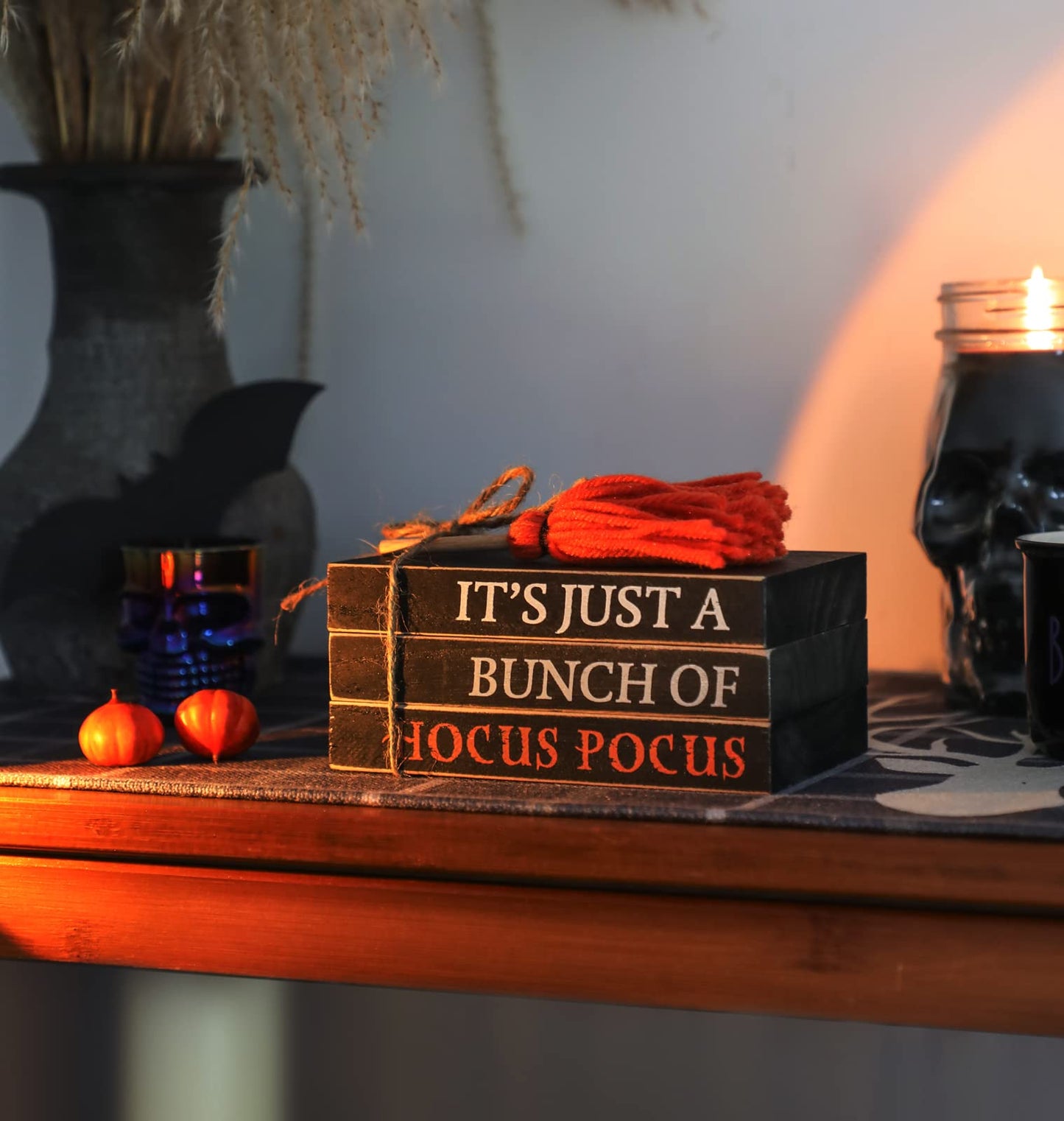 Halloween Wood Book Stack, Hocus Pocus Mini Faux Books Bundle, Halloween Tiered Tray Decor for Home Table Mantle Shelf