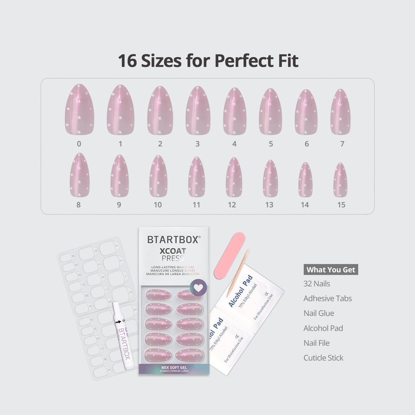 BTArtbox Press On Nails Almond - Polka-Dot Dress, Lamp-Curable 3D Polka Dot Glitter Medium Press On Nails with Glue and Adhesive Tabs for Women in 16 Sizes - 32 Nails All-in-One Kit