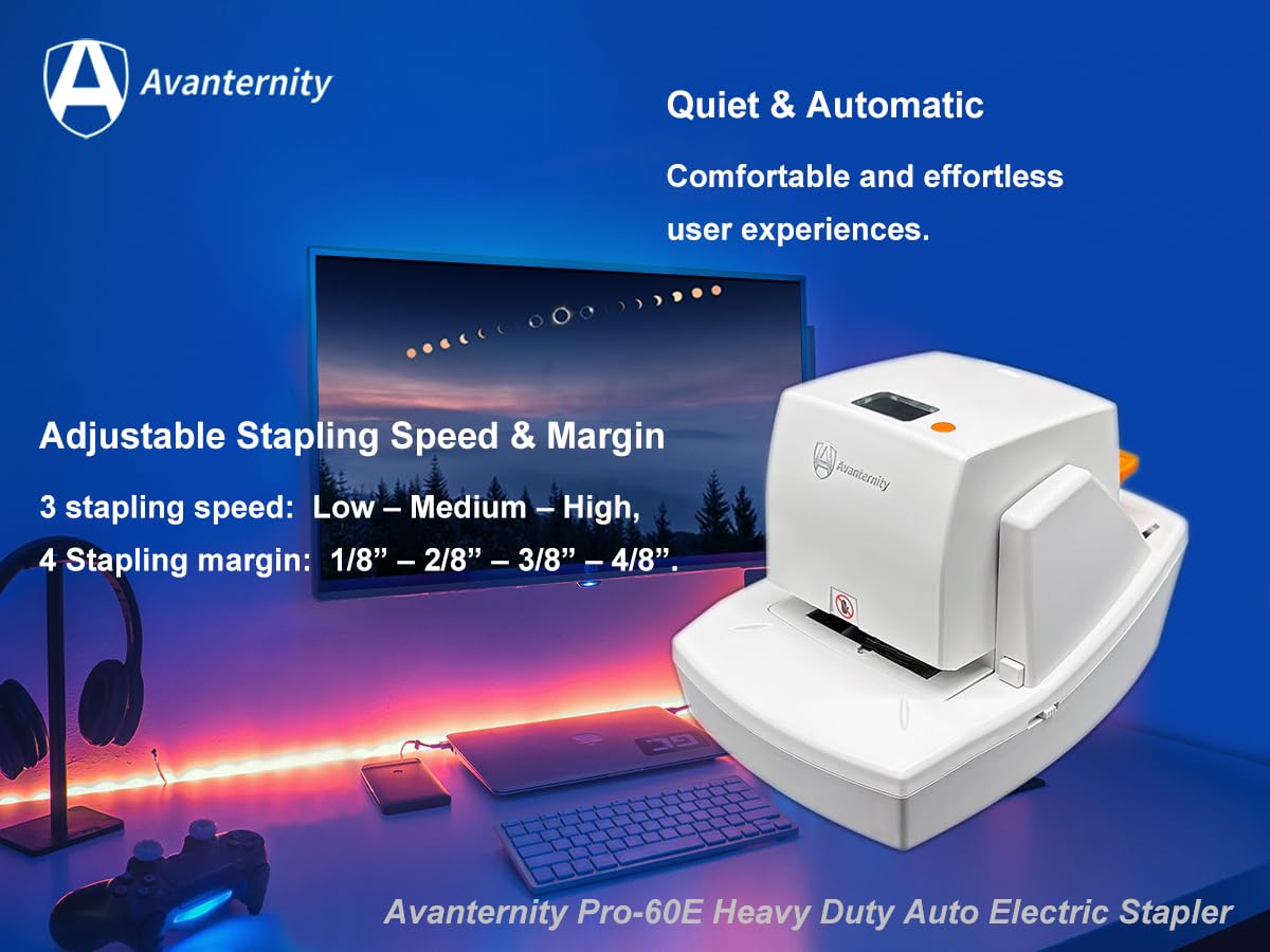 Avanternity's Pro-60E Heavy Duty Auto Electric Stapler (Value Kit + Extra 1 Staple Cartridge Pack) - Secured 60 Sheet Capacity, Includes 35,000 Staples