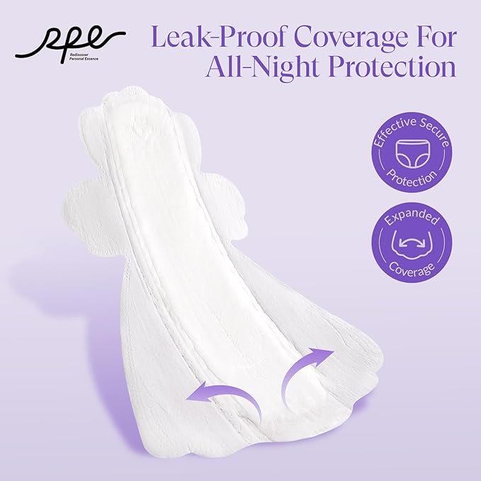 100% Organic Overnight Pads for Women, Ultra Thin Extra Heavy Flow Menstrual Sanitary Napkins with Wings Cotton Extra Coverage Period-Pads Super Absorbency Feminine Pad (Overnight, Size 5, 72 Ct)