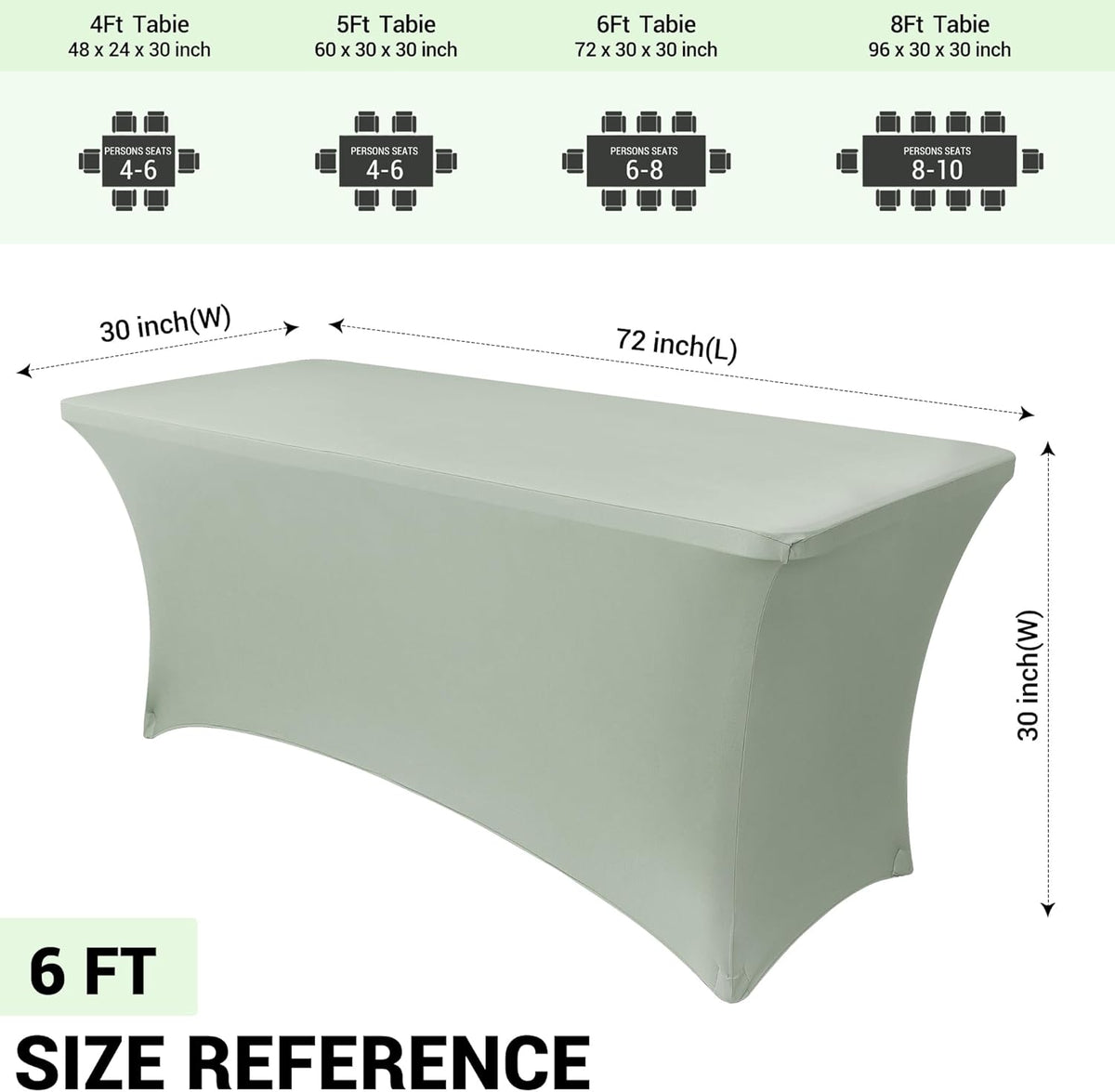 Obstal 2PC Sage Green Tablecloth - 6ft Rectangle Spandex Table Cover for Party, Events, Banquets & Weddings, Machine Washble