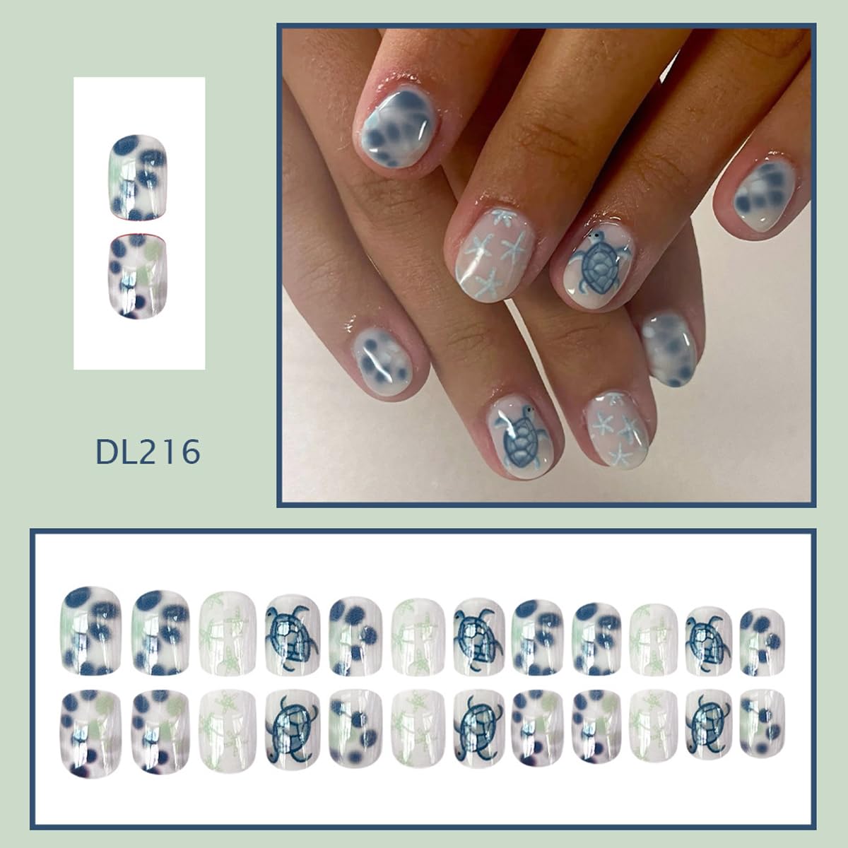 Summer Beach Press on Nails Short Square Fake Nails White Blue Nails Press ons with Starfish Turtle Design Reusable Artificial Nail Full Cover Glue on Nail Stick on Nails for Women Manicure 24 Pcs