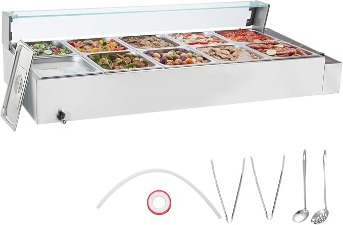VEVOR 10-Pan Commercial Food Warmer, 10 x 8QT Electric Steam Table with Glass Cover, 1700W Countertop Stainless Steel Buffet Bain Marie 86-185°F Temp Control for Catering, Restaurants, Silver