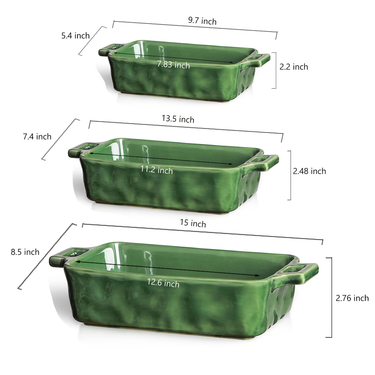 VICRAYS Ceramic Bakeware Set, Porcelain Rectangular Baking Dish, Baking Pan Lasagna Pans Casserole Dish Set for Cooking, Kitchen, Cake Dinner, Banquet and Daily Use, 3 PCS, 15 x 8.5 Inches(Green)