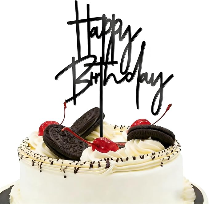 Black Mirrored Happy Birthday Side Cake Topper