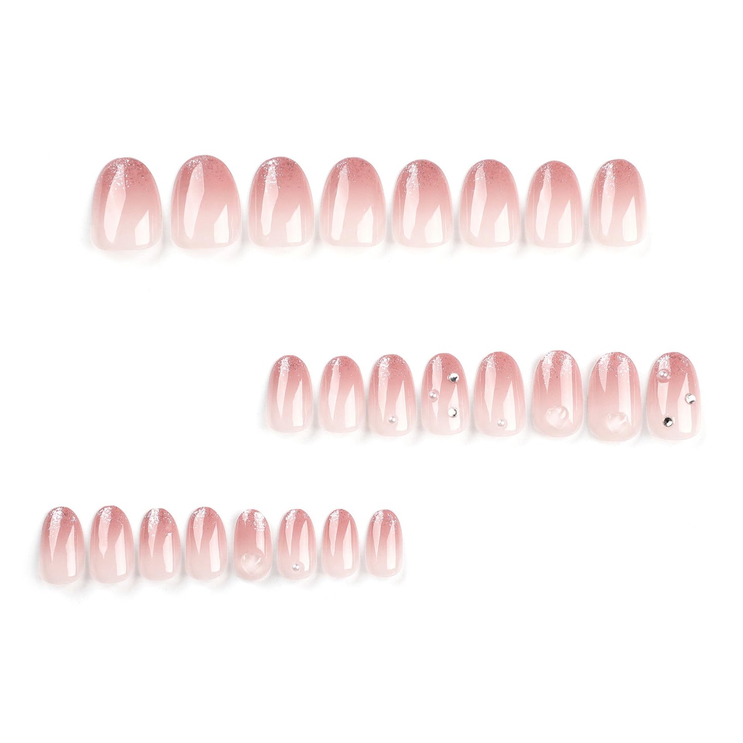 ORZOLATENT Medium Oval Press on Nails - Nude Pink Jelly Gradient Glitter False Nails, Fairy Shimmer Acrylic Nails with Rhinestones & Adhesive Tabs, Elegant Salon Finish for Brides (24 Pcs)
