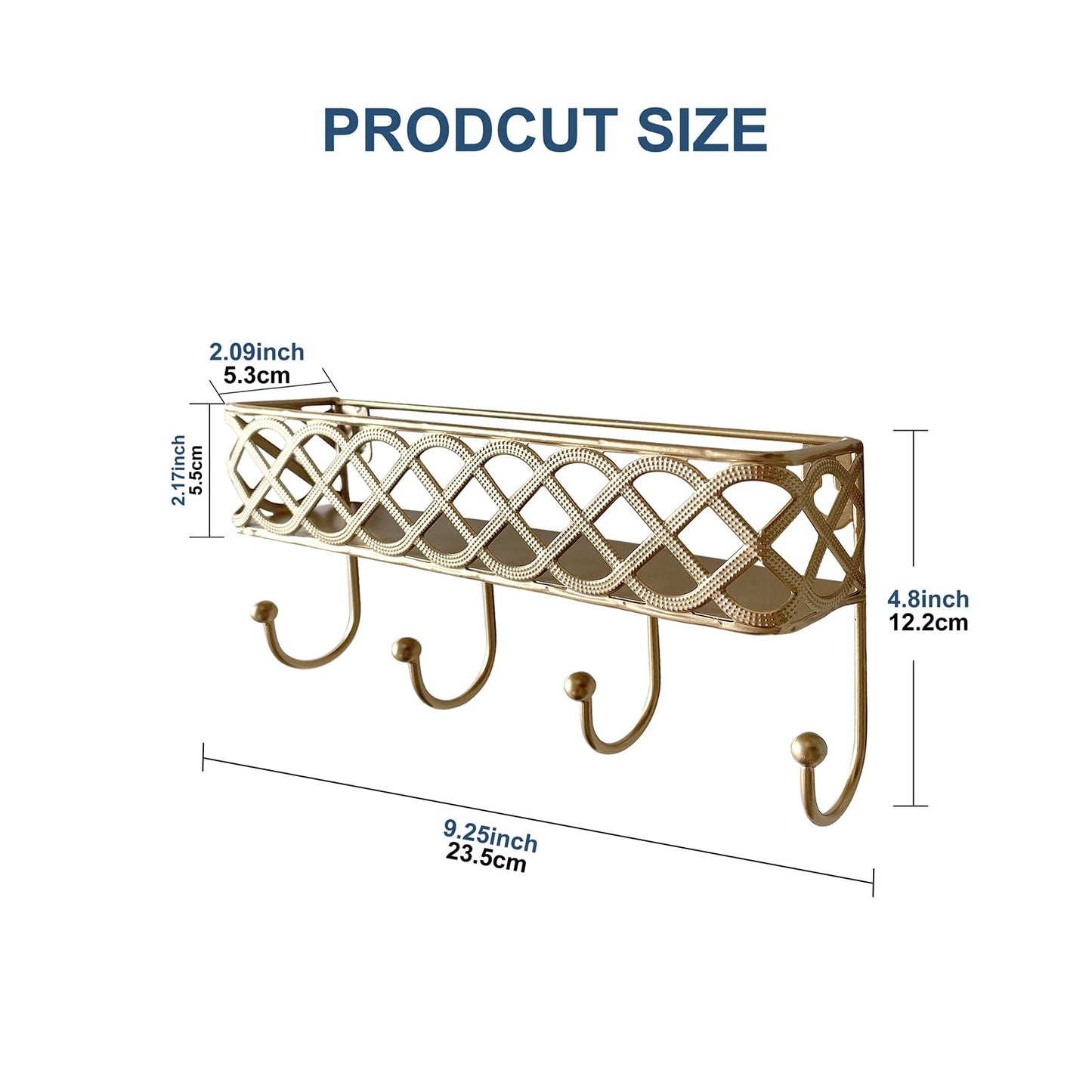 MUYUSEN Celtic Knot Key Holder Wall Shelf - Entryway Wall Mounted Organizer with 4 Hooks, Metal Storage for Keys, Wallets, Bags, Hats (Golden)