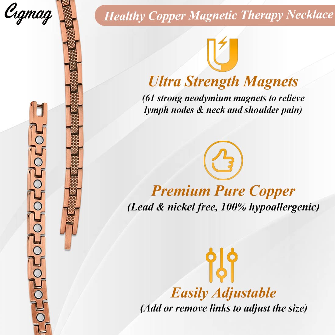 Cigmag Copper Necklace for Men Women - Magnetic Necklace 99% Solid Pure Copper Ring Set Ultra Strength Magnets - with Adjustable Sizing Tool and Present Box