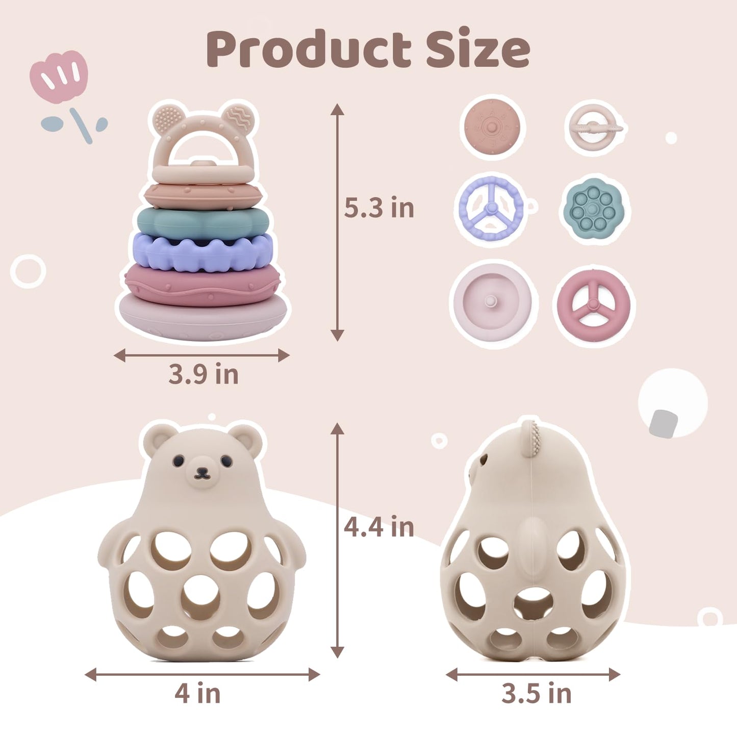 CuddleCubs Creations Baby Bear Teething & Stacking Toy Set - Teething Toys Silicone Teethers, Soft Baby Stacker Rings Teether, Learning Toy Gift for Boys and Girls 6+ Months (Beige)