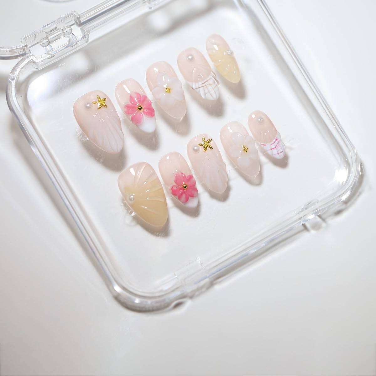 10 Short Almond Handmade Press On Nails | Coastal-Inspired 3D Floral & Starfish Nude & Pearl Accent False Nails,New styles | Skip Salon Trips, Easy to Apply & Remove, Reusable (251107, S)
