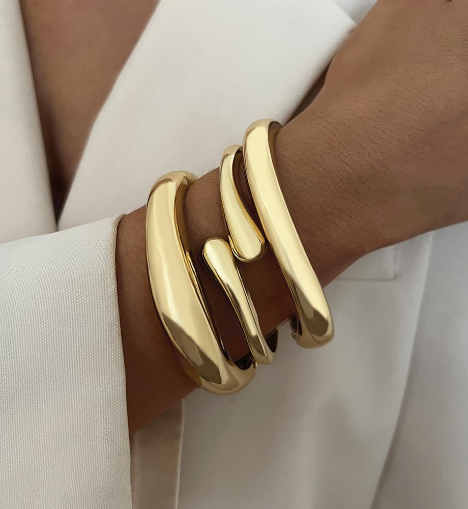 Chunky Gold Bangle Bracelets for Women, Dainty 14k Gold Plated Simple Stackable Bangles Set, Fashion Vacation Accessories Small Gifts for Daughter