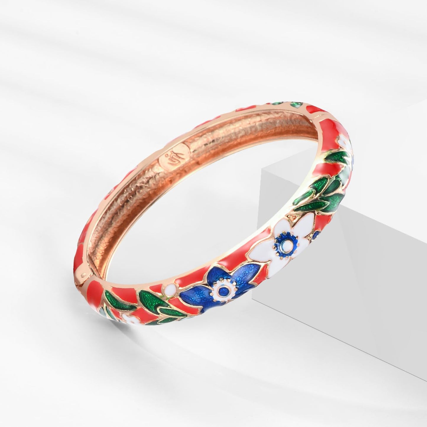 UJOY Bangles 5 Pcs Enamel Jewelry Set Rose Gold Flower Engraved Cloisonne Bracelets Pack in a Box 5PCS-RD-1