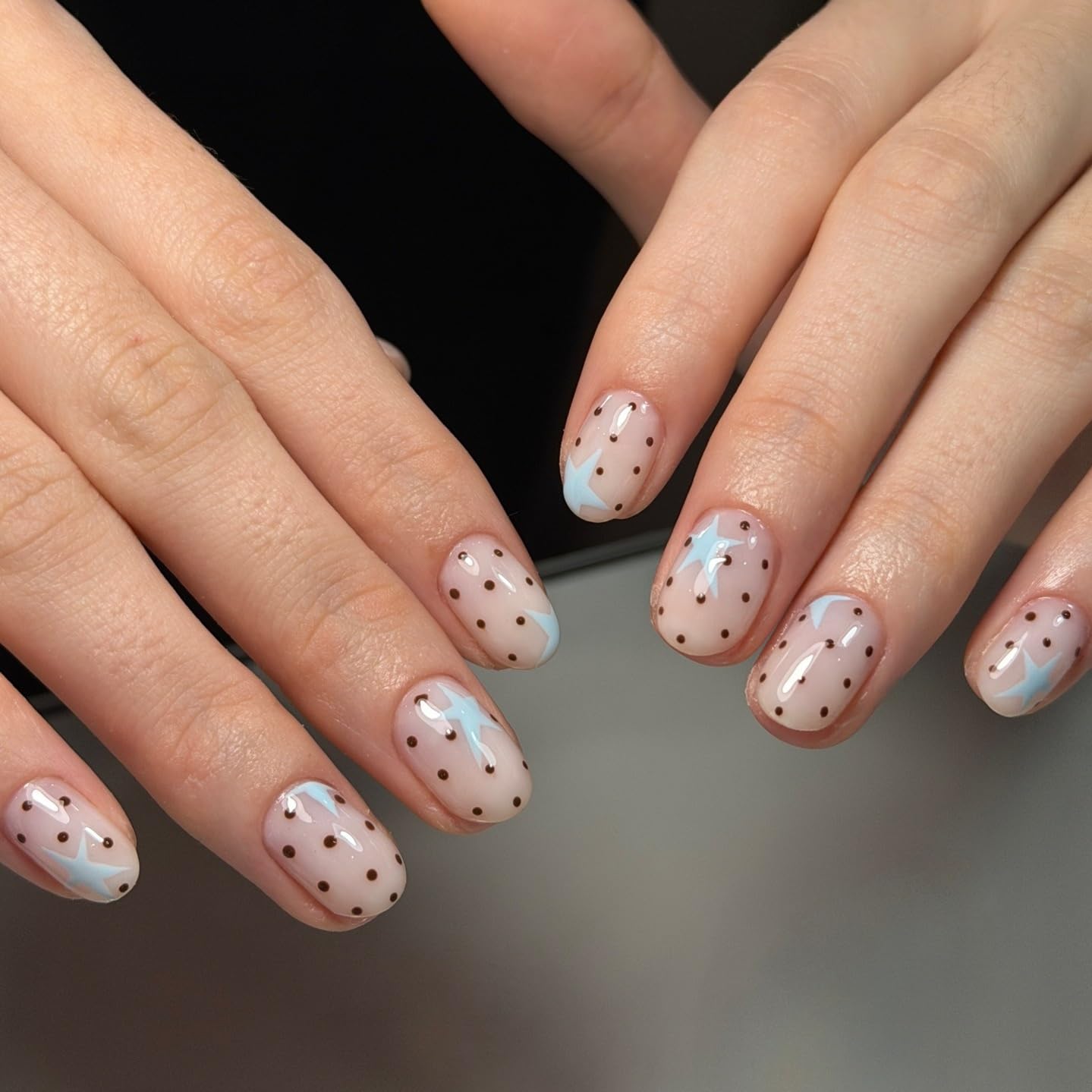 CTTHNBD Short Press on Nails - Square Fake Nails with Blue Star Design - Polka Dot False Nails Press ons - for Women 24 Pcs