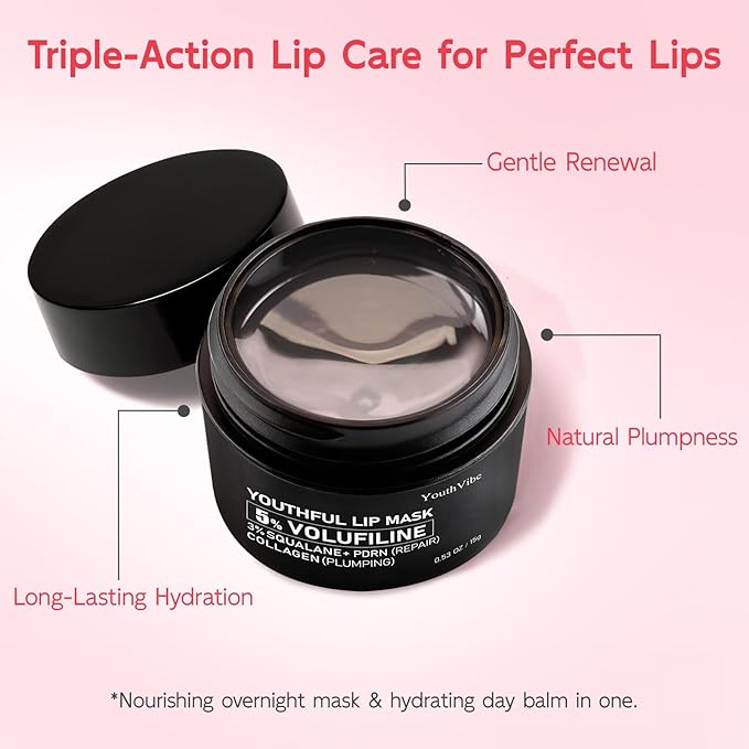 YouthVibe Lip Sleeping Mask Overnight Moisturizing - 5% Volufiline, Squalane, Shea Butter, PDRN & Collagen Hydrating Lip Mask for Dry, Flaky Lips, Pack of 2