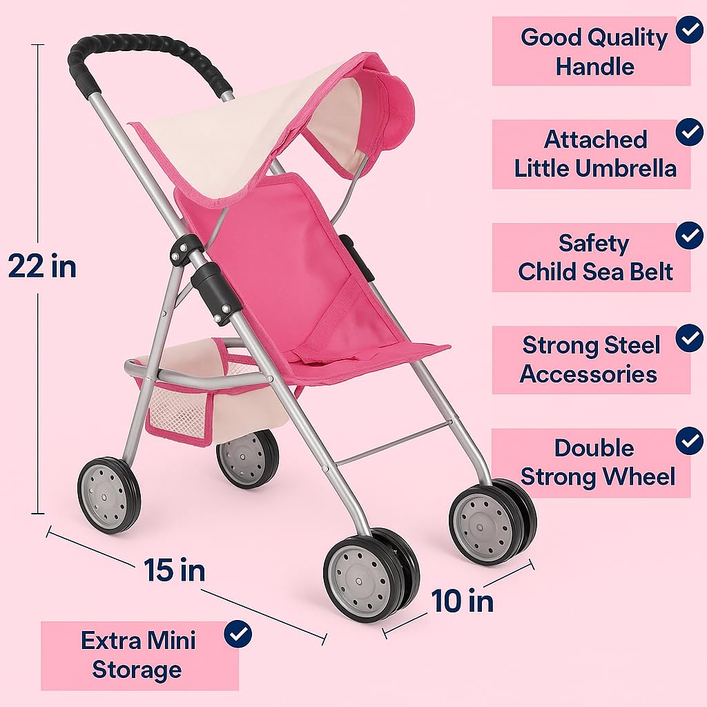 fash n kolor My First Doll Stroller with Basket - Pink Off-White Foldable Doll Stroller - Fits Upto 18" Dolls, 2 Free Magic Bottles Included