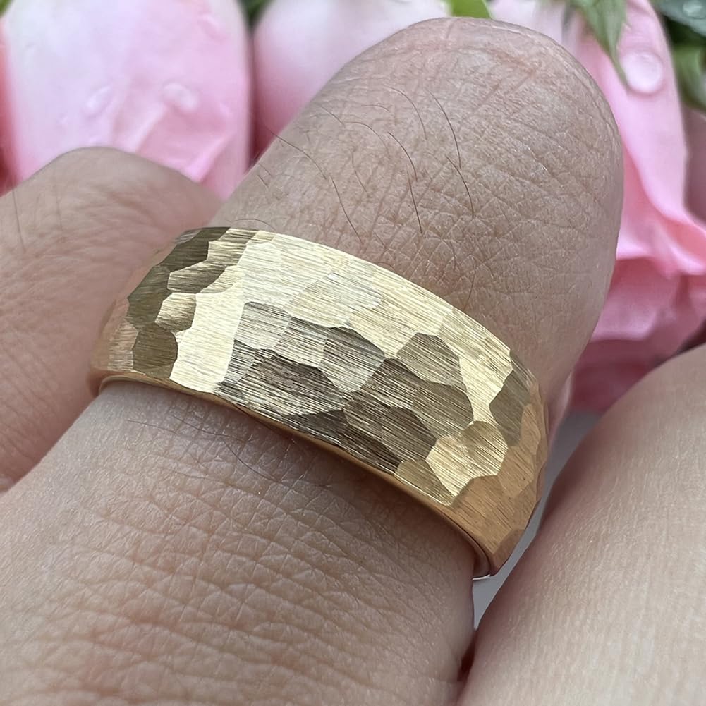 TUTISS 8mm Gold Hammered Tungsten Rings for Men Women Engagement Wedding Bands Domed Matte Finish Comfort Fit Size 8