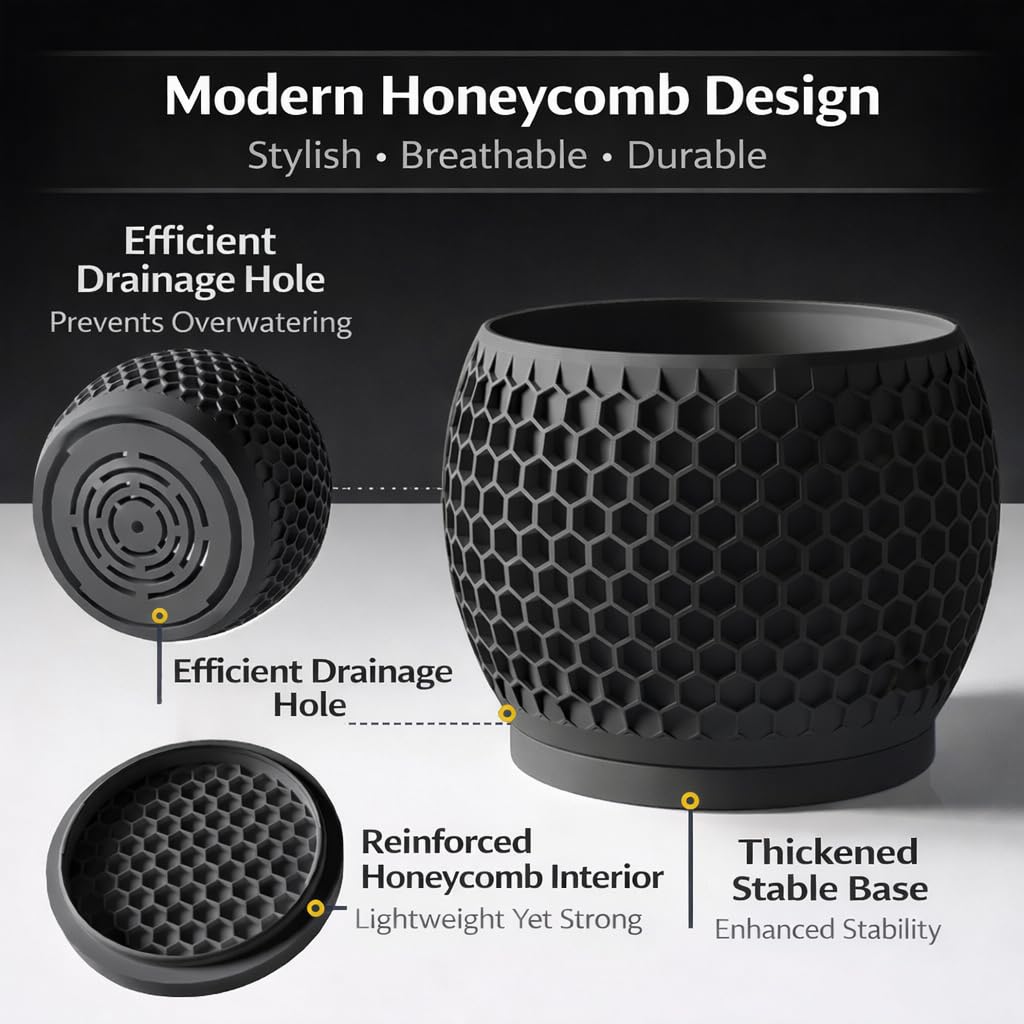 Fabix3D Plant Pots, Modern 3D Printed Honeycomb Planters for Indoor Plants, 4.7/6 Inch Matte Black Decorative Flower Pot for Office Desktop, Bookshelf & Home Decor, Lightweight & Durable.