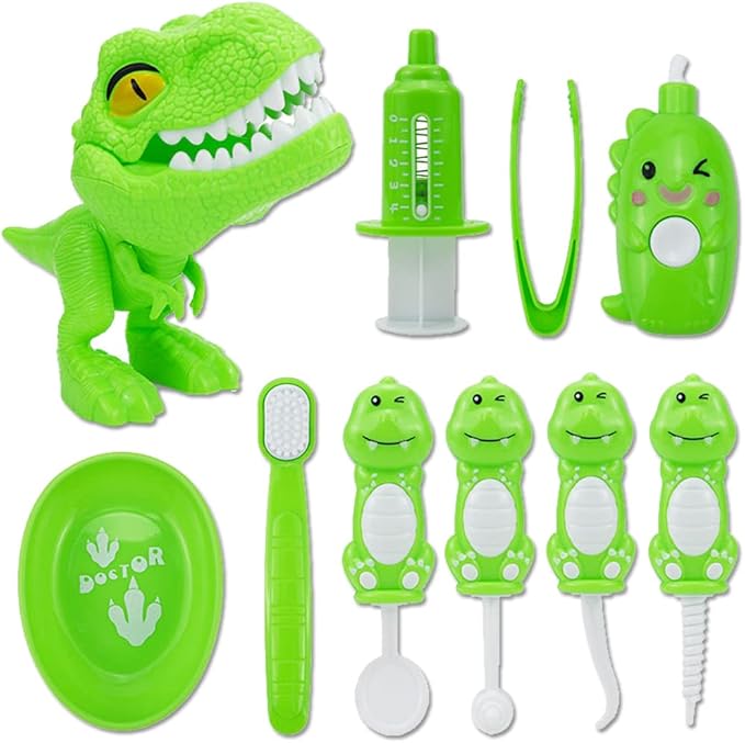 Bundle 19PCS = 9PCS Plastic Simulation Dentist Play Set （Yellow） + 10PCS Plastic Dinosaur Simulation Dentist Play Set (Green)