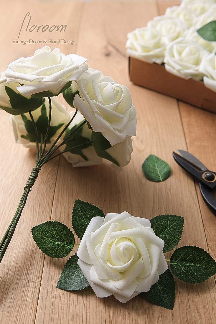 Floroom Artificial Flowers 50pcs Real Looking Ivory Foam Fake Roses with Stems for DIY Wedding Bouquets White Baby Shower Centerpieces Floral Arrangements Party Tables Home Decorations