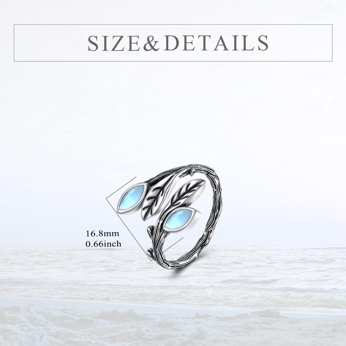 POPLYKE Leaf Moonstone Ring Sterling Silver Boho Adjustable Open Ring Gemstone Spoon Ring Vintage Thumb Rings for Women