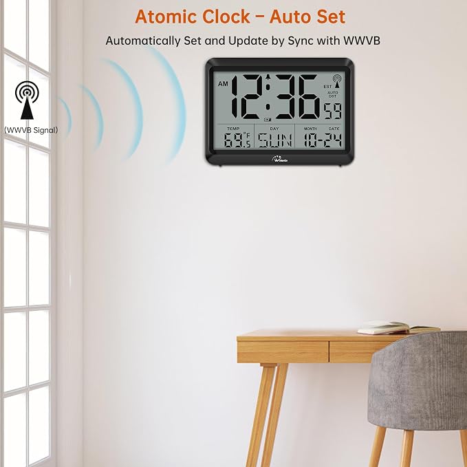 WallarGe Self-Setting Atomic Digital Wall Clock with Auto DST