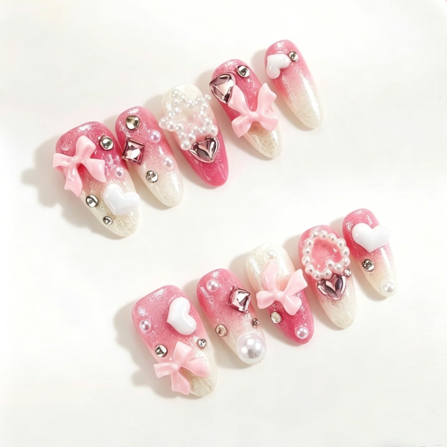 Hand made Press on Nails Medium Almond,Gradient Pink Fake Nails with Bow Art Design Reusable Nails for Women 10 Pcs(Size M)
