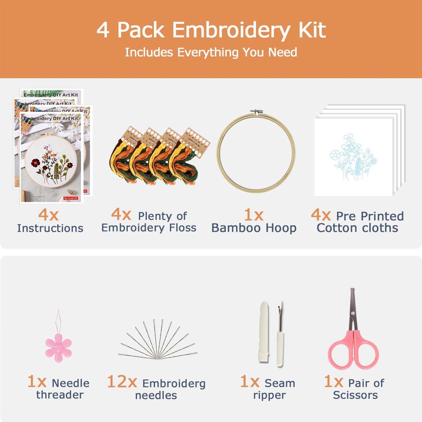 DMFXNBLM Embroidery Kit for Beginners, 4 Floral Pre-PrintedPatterns, Includes Multiple Accessories, with Step-By-Step Instructions and Clear Videos, Complete Kit Gift for Craft Lovers