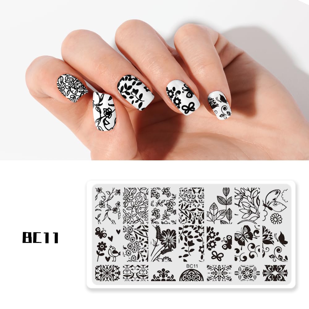 Beauty Leader 10PCS Nail Art Stamping Template Mix Design Image Plates With White Plastic Plate Holder+1 Pcs Square Rubber Stamper DIY Nail Art Image Stamp Plate