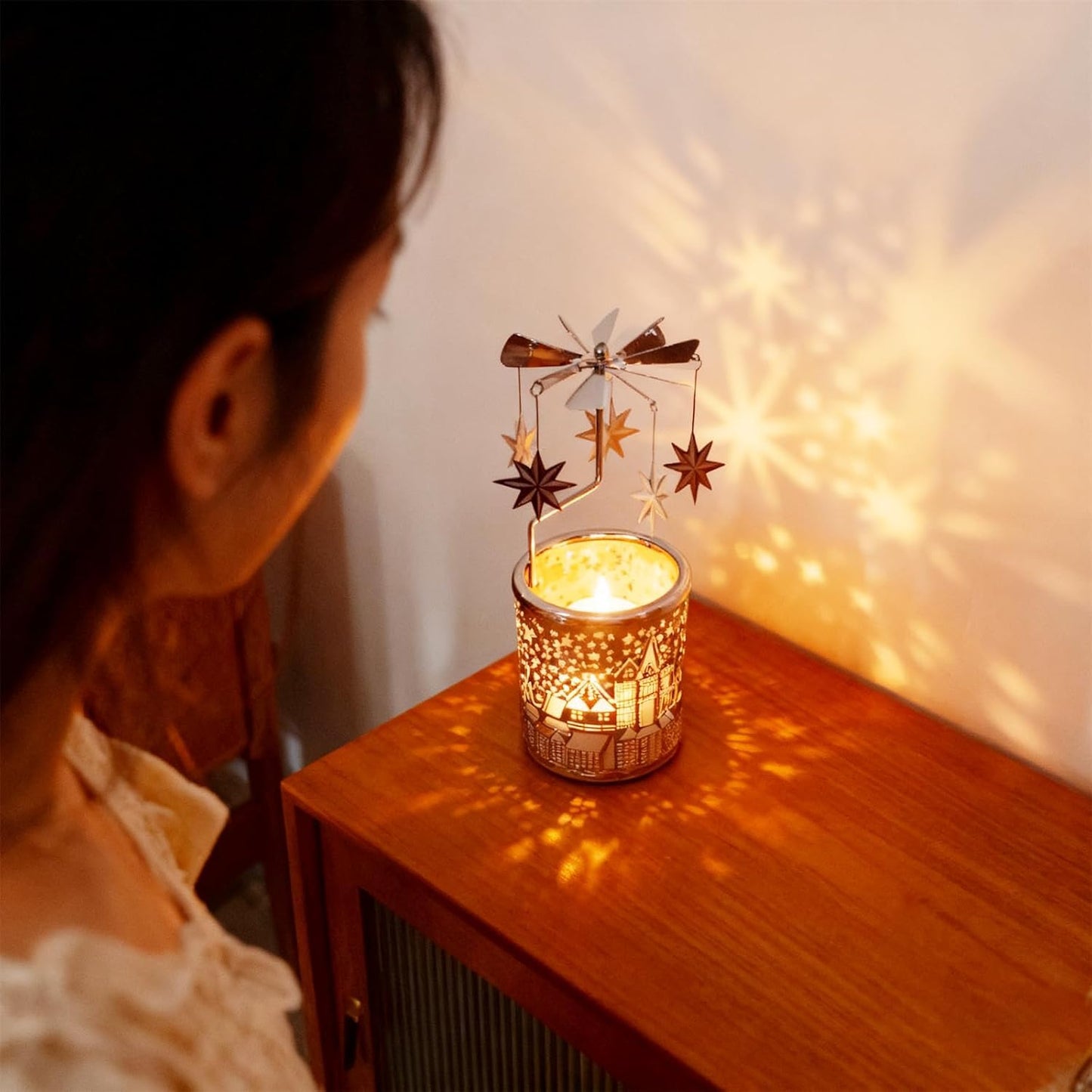Qtnuerm Metal Rotary Candle Holder Spinning Windmill Tea Light Carousel Decor for Home & Gifts (Silver North Star)