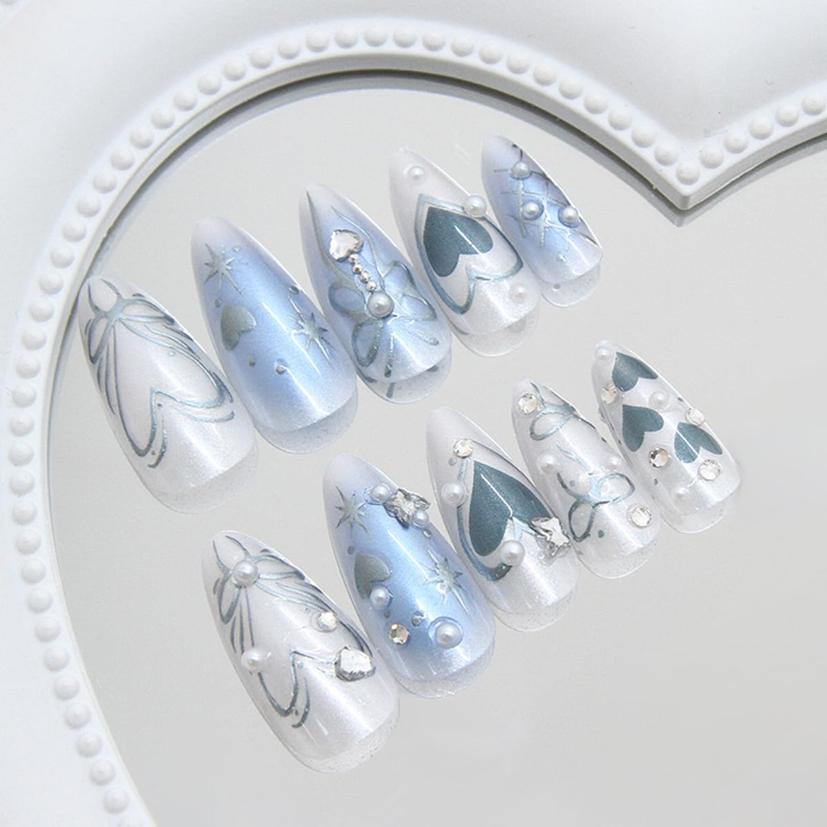 24Pcs Blue Almond Press on Nails Medium Fake Nails 3D Heart Glue on Nail Heart Bow Acrylic Nail Star Pearl Rhinestones Charms Gradient Blue White False Nails for Women Manicure Decoration