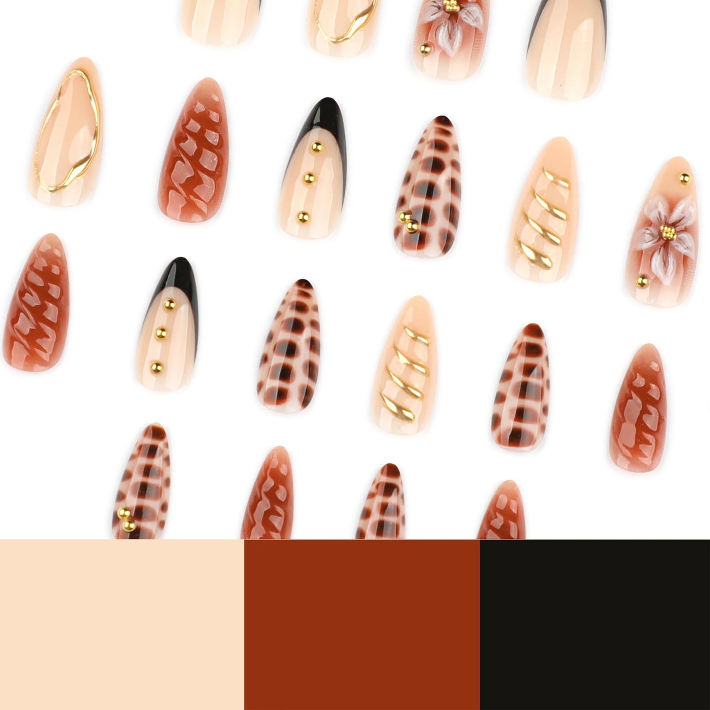Mivota Brown Soft Gel Press On Nails 24PCS – Mixed Texture Almond Fake Nails with 3D Flower Design, Gold Edge & Snake Pattern, Glossy Reusable Glue On Nails for Women, Trendy Fall Nail Tips