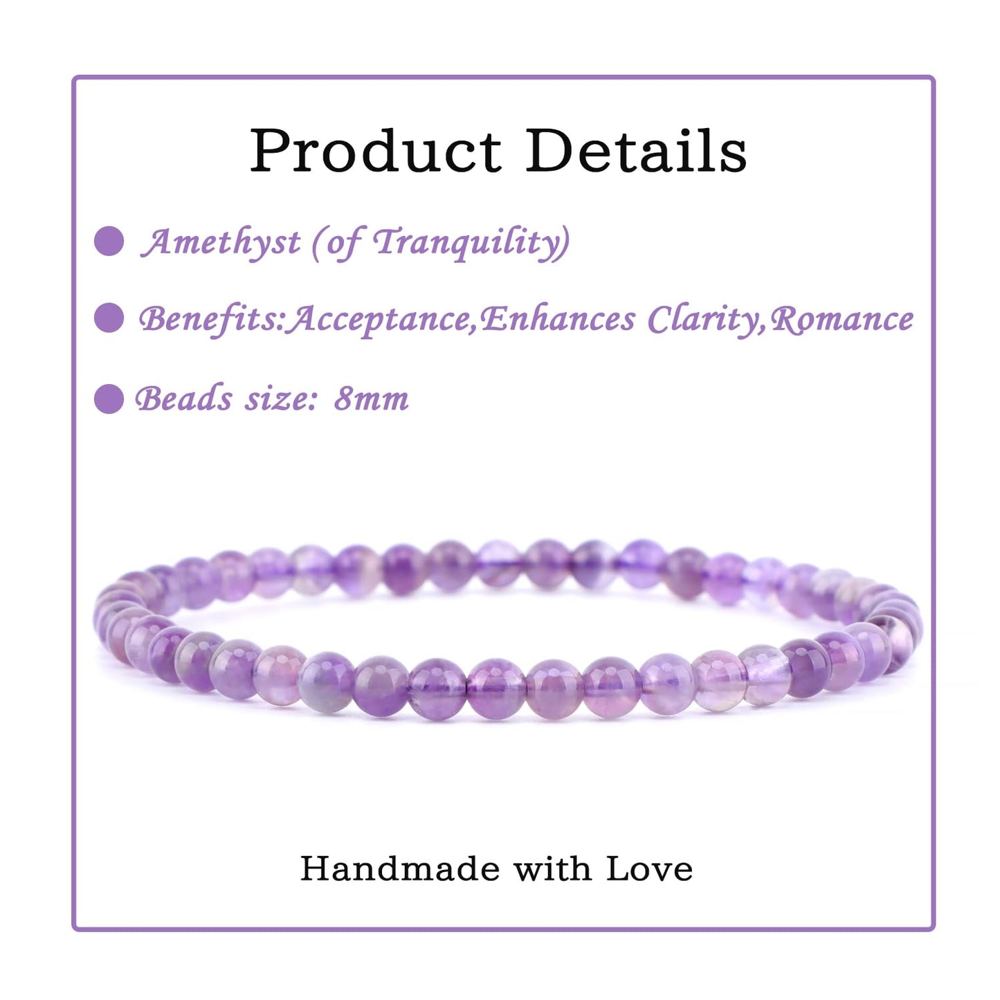 Bymitel 4mm Amethyst - Handmade Reiki Gemstone Stretch Bracelet, Natural Beauty & Spiritual Essence, Crystal Healing for Unisex Adults