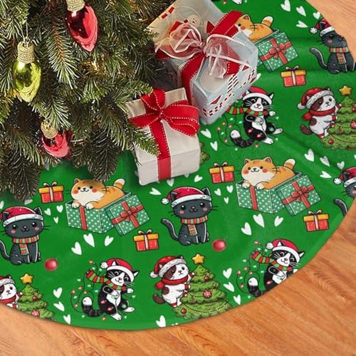 Cute Cats Christmas Tree Skirt, 36 inches Green Kawaii Animal Tree Skirts Santa Xmas Mat Farmhouse Holiday Party New Year Supplies Ornaments Decorations for Mini Small Pencil Big Trees