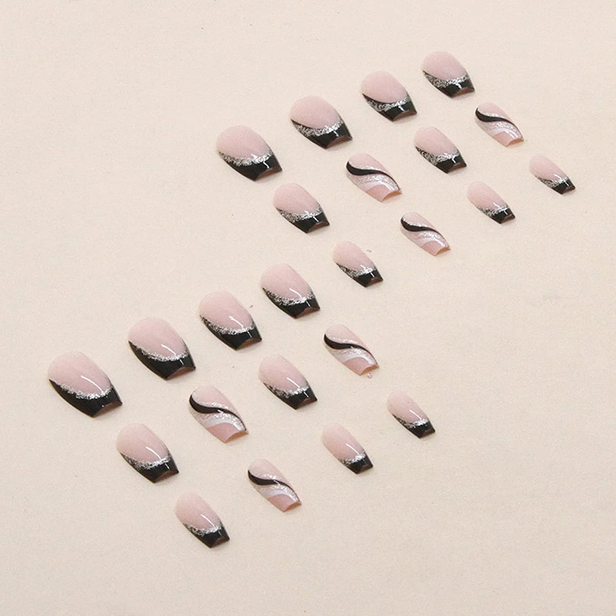 24PCS Black French Tip Press on Nails Medium Length Square Fake Nails with Silver Glitter Line Designs Glossy Coffin Nails Full Cover Nail Tips False Cute Stick on Nails for Women