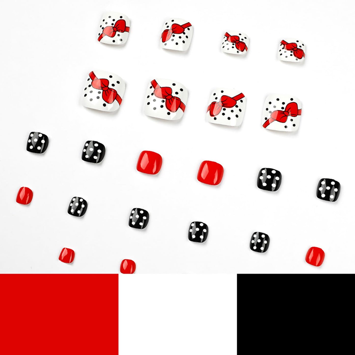 Vezocim Press on Toenails with Red Bow Designs, 24Pcs Artificial Short Black Fake Nails for Toe, Glossy Full Cover Foot Acrylic False Nails, Press ons Toenails with Charm for Women Girls