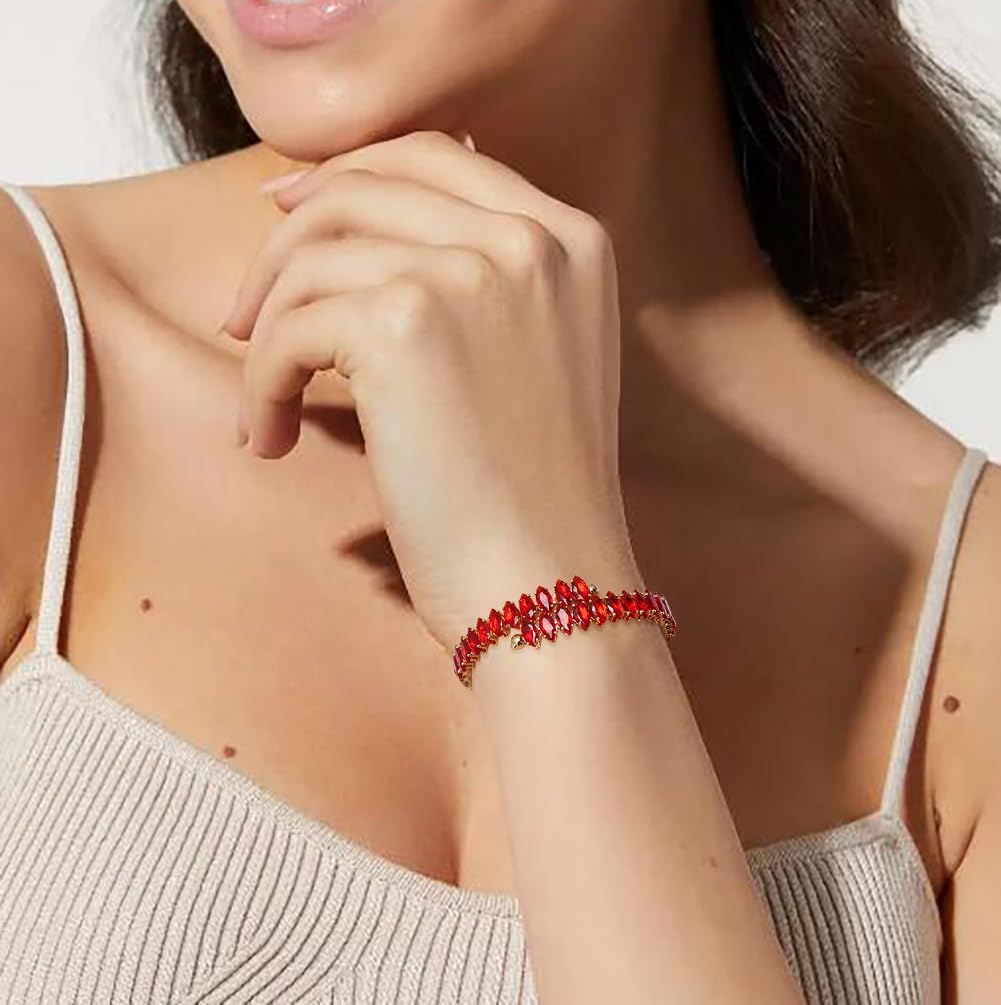 Wovanoo Rhinestone Cuff Bracelet Cubic Zirconia Tennis Bracelets Open Adjustable Bangle for Women Gold Red