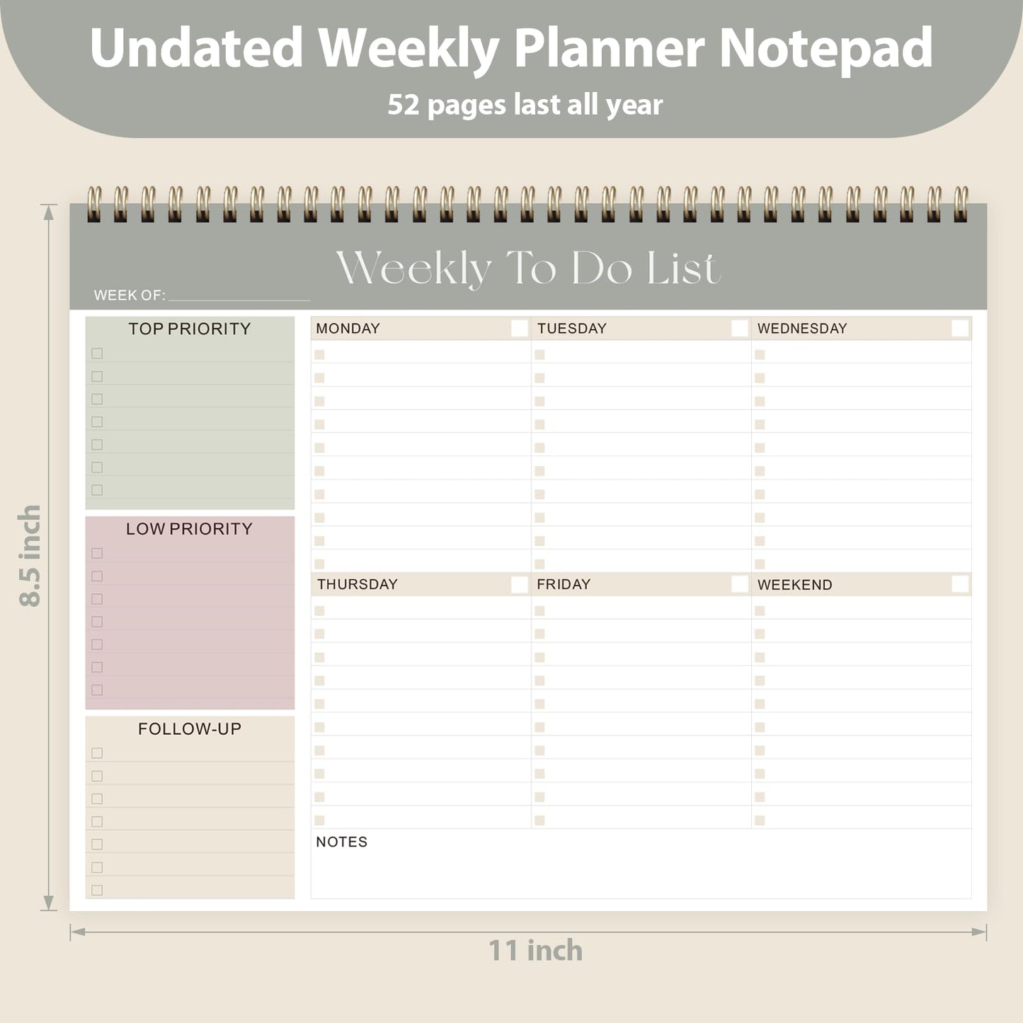 Weekly To Do List Notepad, Undated Planner with 52 Sheets (8.5''x11''), Desk Weekly Planner for Women & Man, Home School & Work