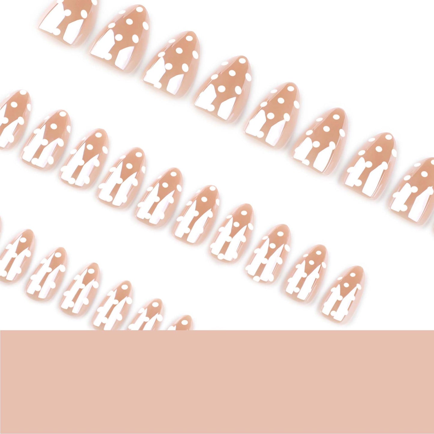 Chrome Polka Dot Press on Nails Short Almond Fake Nails Cute Nude Nails Press ons with White Dots Design,Full Cover Stick on Nails for Women Manicure,Reusable | Artificial | Easy Apply | 24Pcs